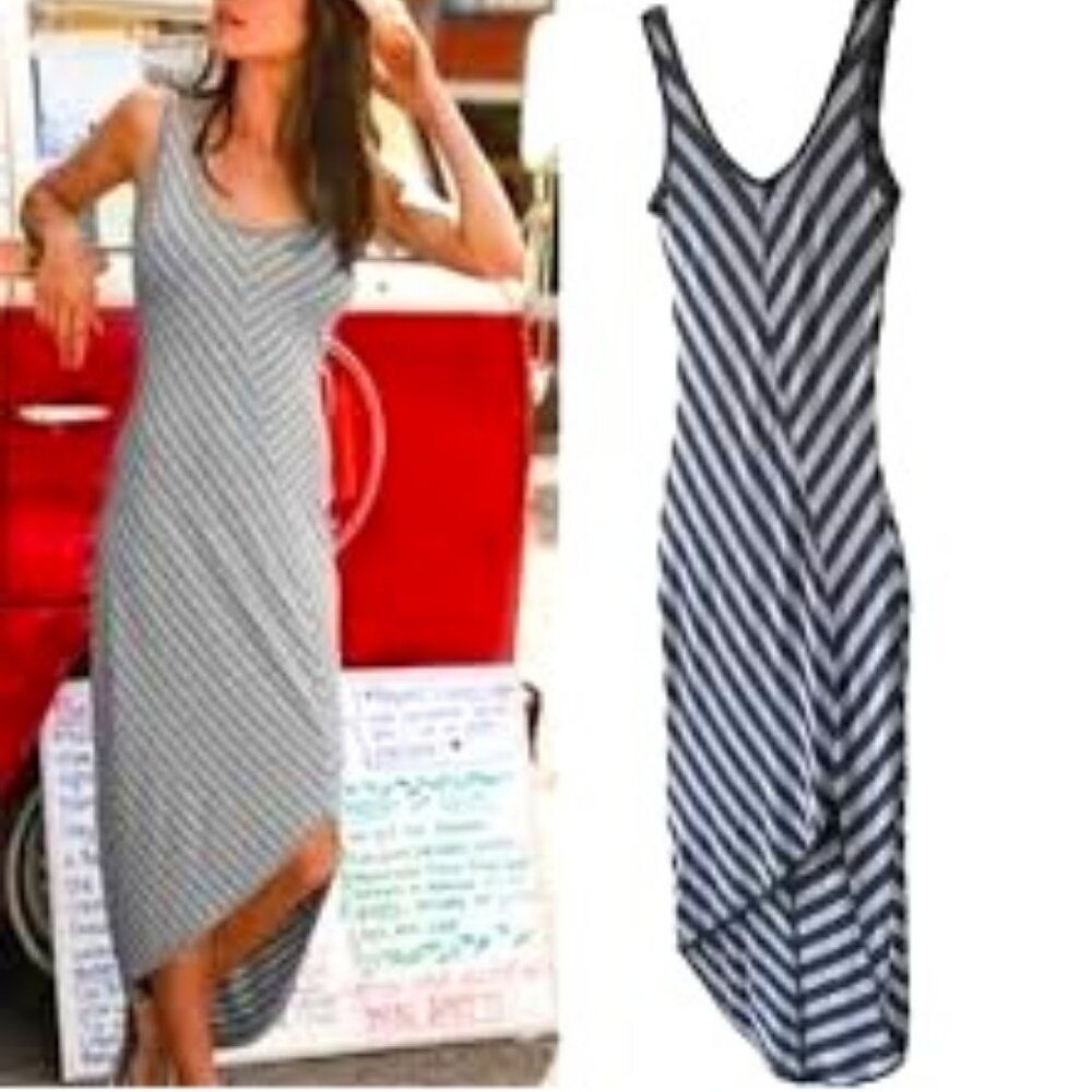 New ATHLETA Cross Shore High Low Bodycon Knit Maxi Dress Grey Wht Pinstripe XXS